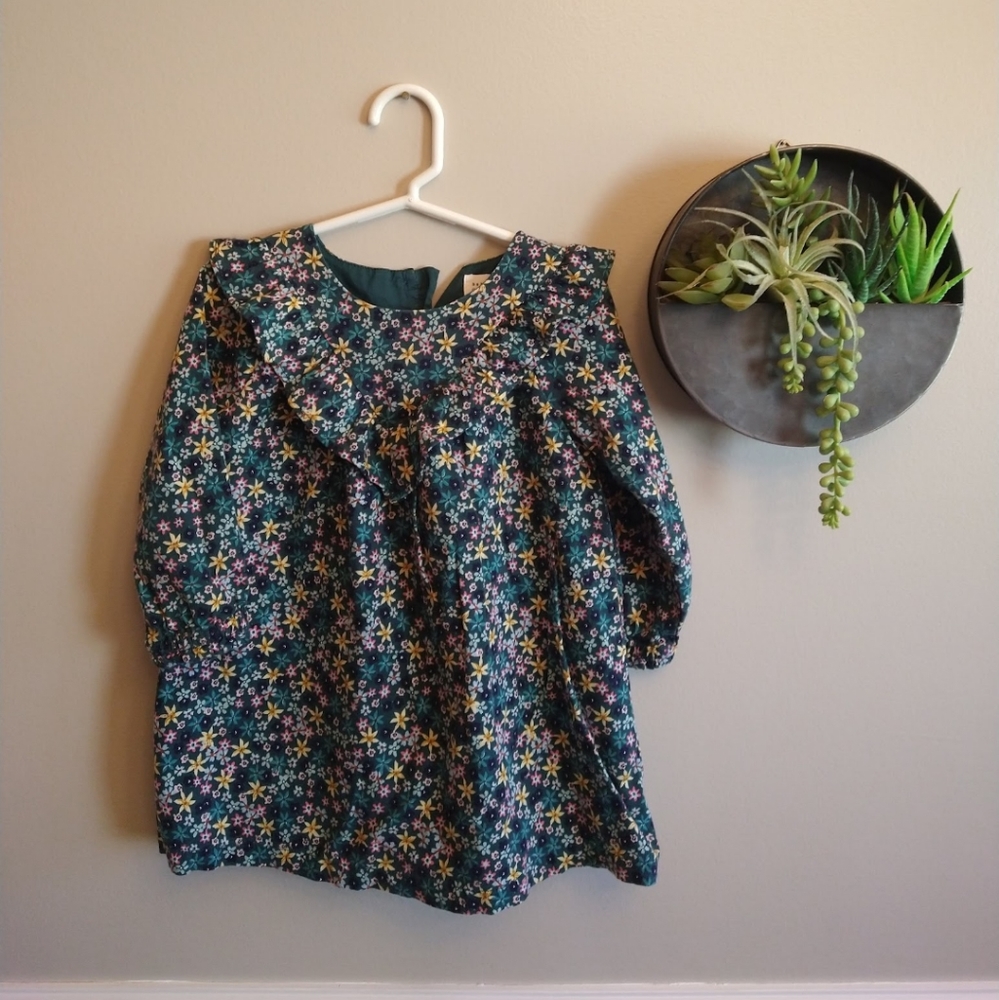 BabyGap green dress with floral print with ruffle detail button closure